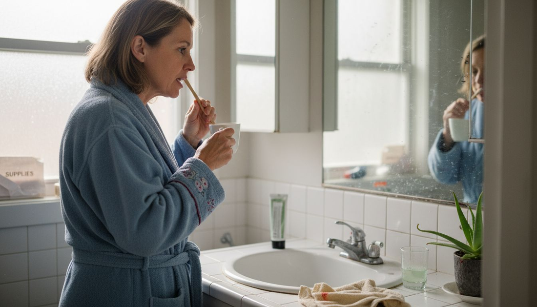 Woman brushing teeth in morning bathroom