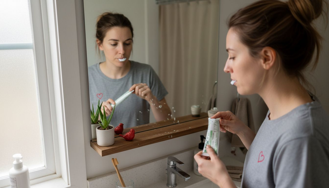 Woman brushing teeth with vegan toothpaste in bathroom