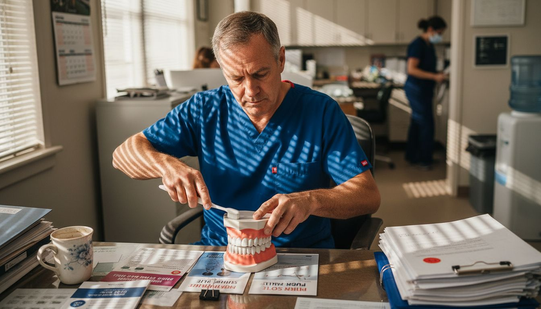 Dentist demonstrates gentle brushing technique