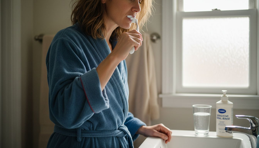 Woman brushing teeth sensitive oral care routine