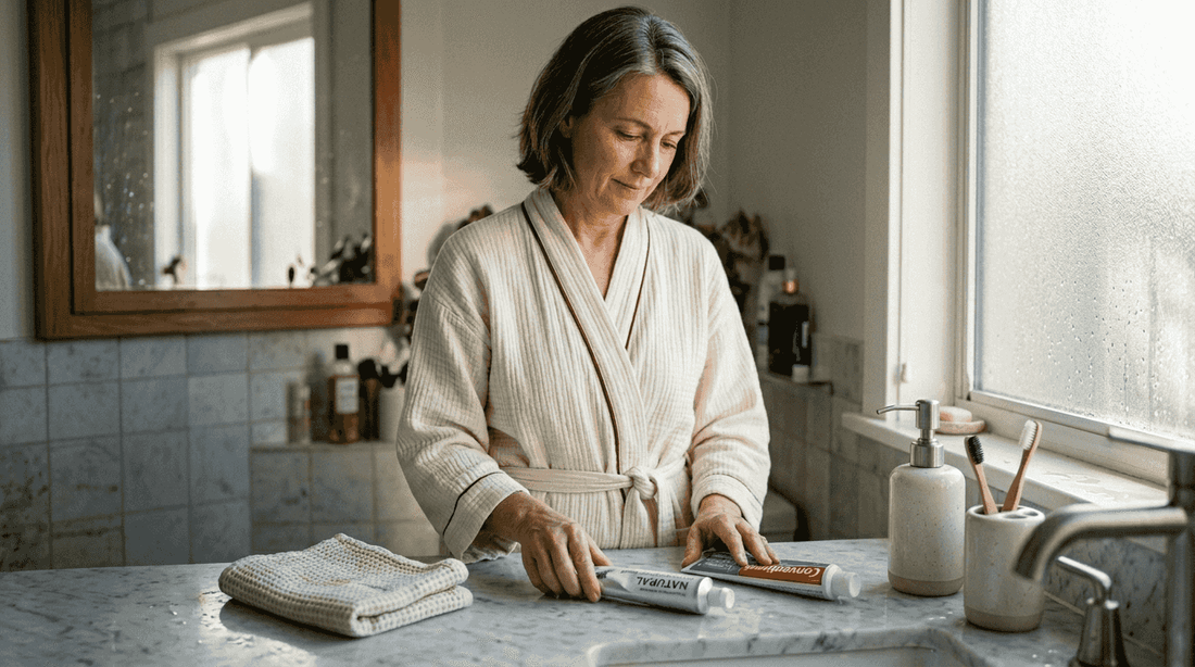 Woman comparing natural and conventional toothpaste