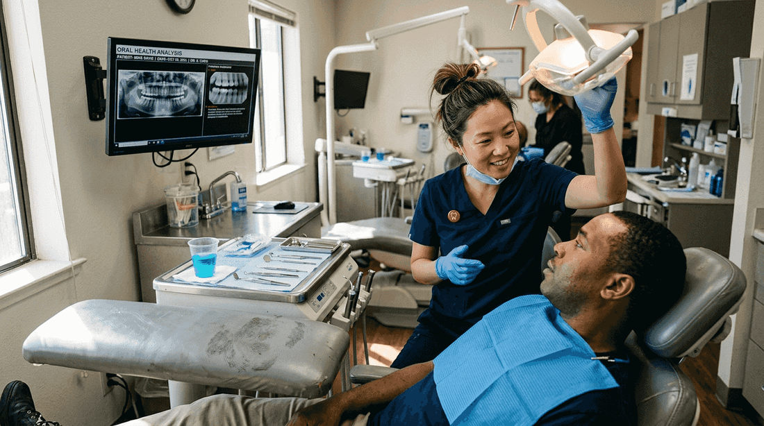 Dentist explaining oral health to patient