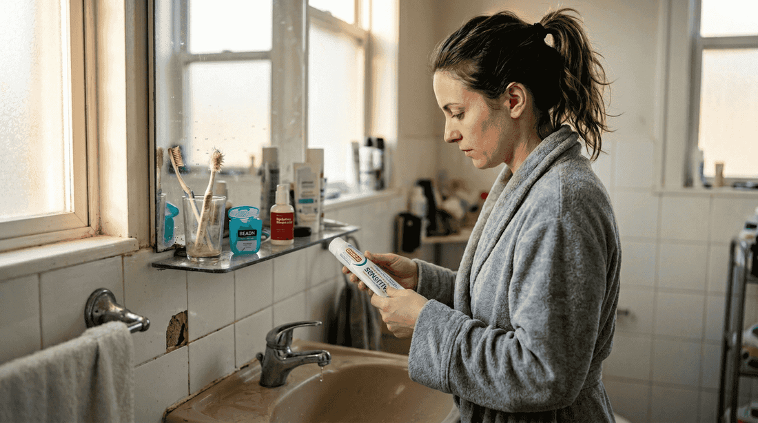 Woman checking toothpaste for sensitive teeth in bathroom