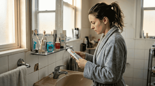 Woman checking toothpaste for sensitive teeth in bathroom