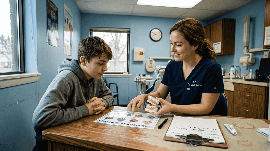 Dentist showing oral bacteria chart in office
