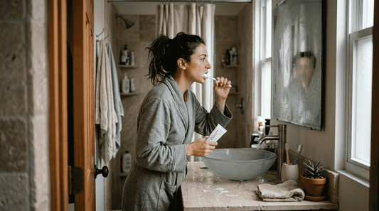 Woman brushing teeth with mineral toothpaste
