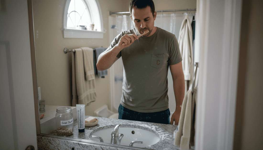 Man brushing teeth with natural oral care products