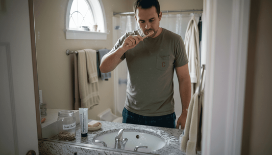 Man brushing teeth with natural oral care products