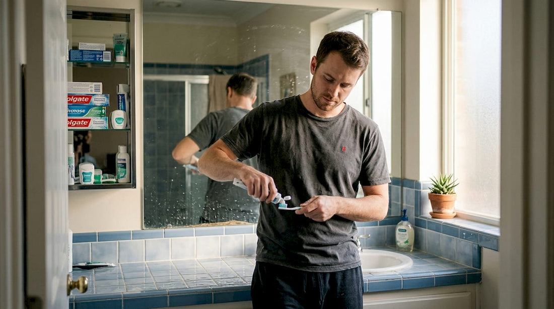 Man applying toothpaste at home bathroom sink
