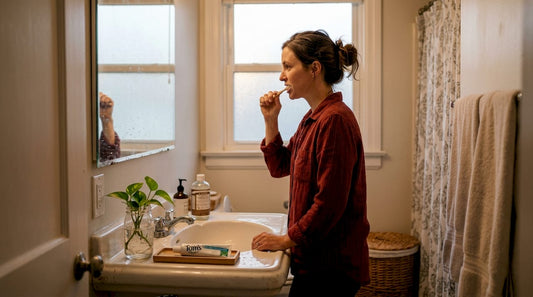 Woman brushing teeth with bamboo toothbrush at home