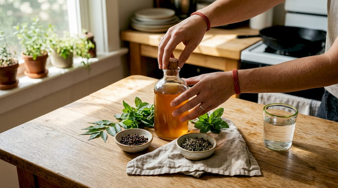 Herbal mouthwash and fresh herbs on kitchen table