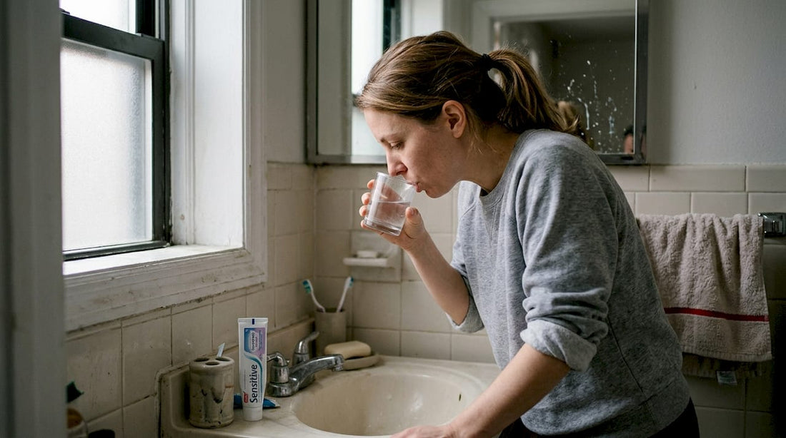 Woman rinsing mouth for gum care at sink