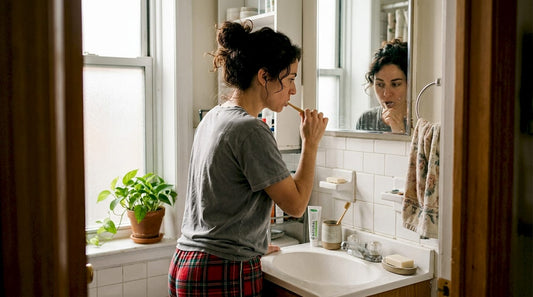 Woman brushing teeth natural home bathroom