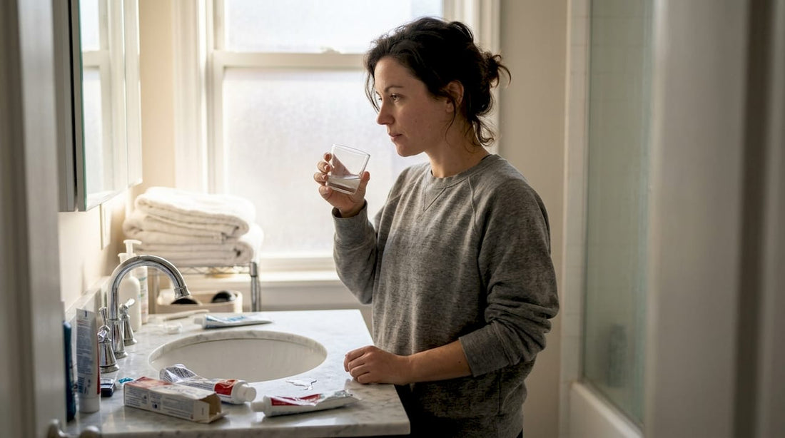 Woman uses mouthwash at home vanity