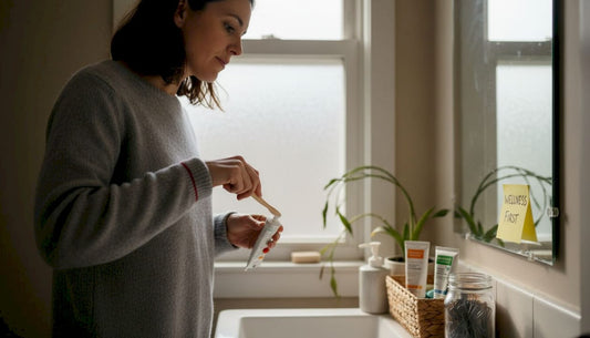 Woman practicing holistic dental care at bathroom sink