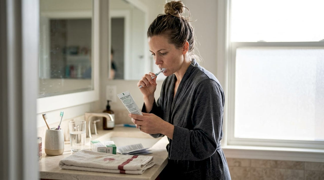Woman brushing teeth reading toothpaste ingredients