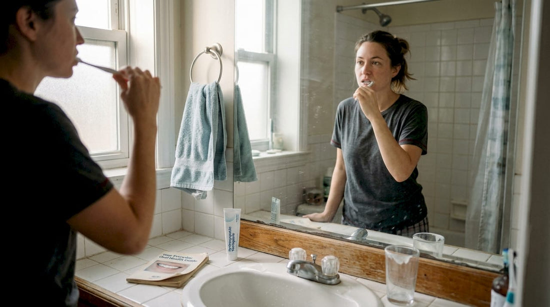 Woman brushing teeth in bright home bathroom