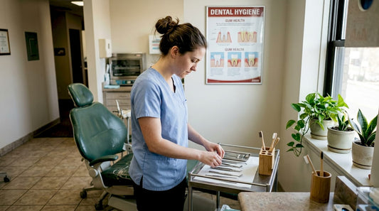 Dentist in eco-friendly clinic with reusable tools