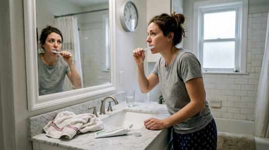 Woman brushing teeth with mineral toothpaste