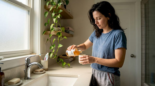 Person preparing natural mouthwash by bathroom sink
