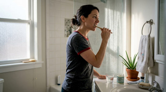 Morning oral care in home bathroom scene