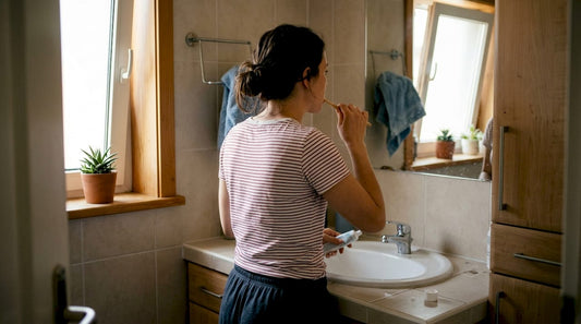 Woman brushing teeth with mineral toothpaste