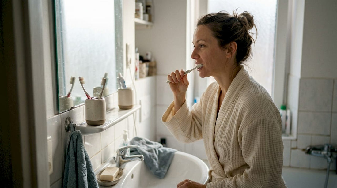 Woman brushing teeth in home bathroom