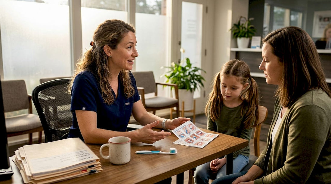 Dentist guides oral care at consultation desk