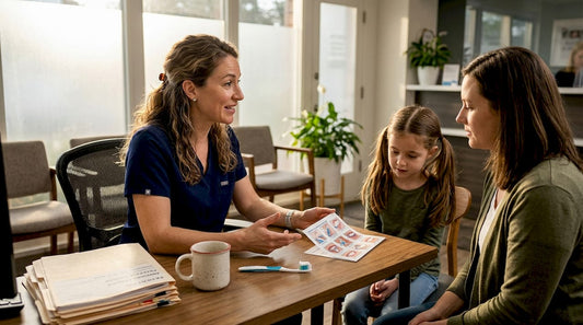 Dentist guides oral care at consultation desk