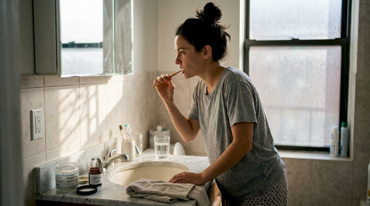 Woman brushing teeth with natural products
