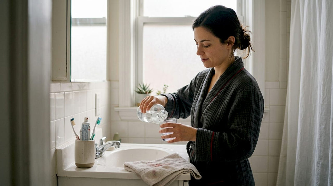 Woman pouring alcohol-free mouthwash in bathroom