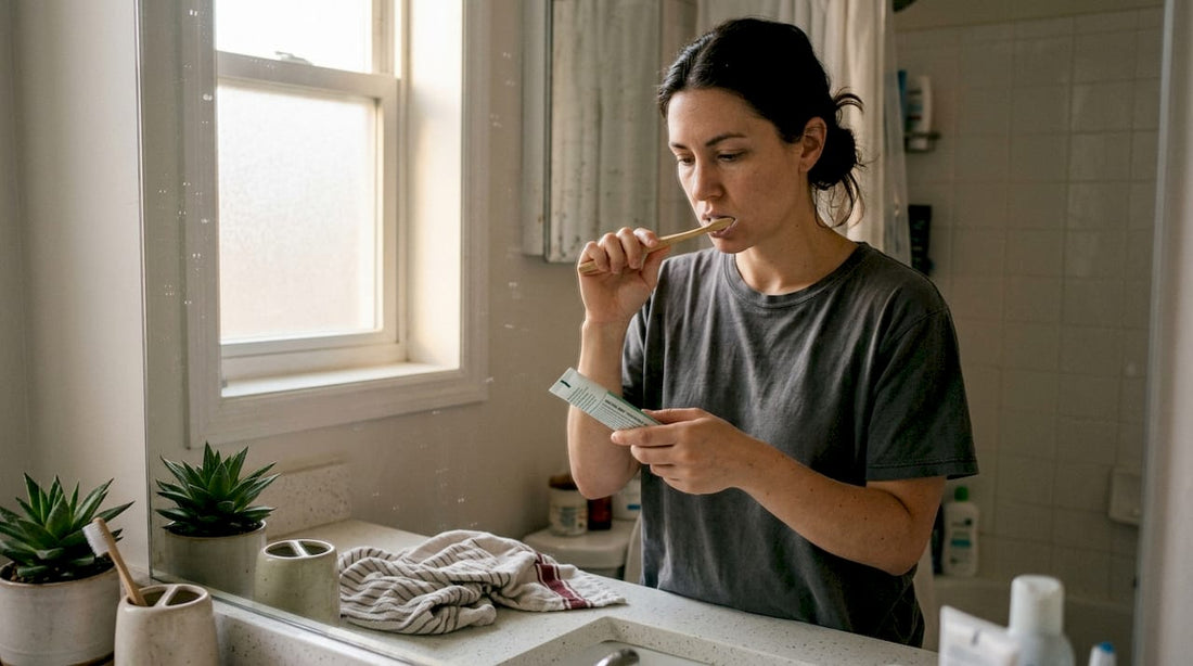 Woman reading natural toothpaste label brushing teeth