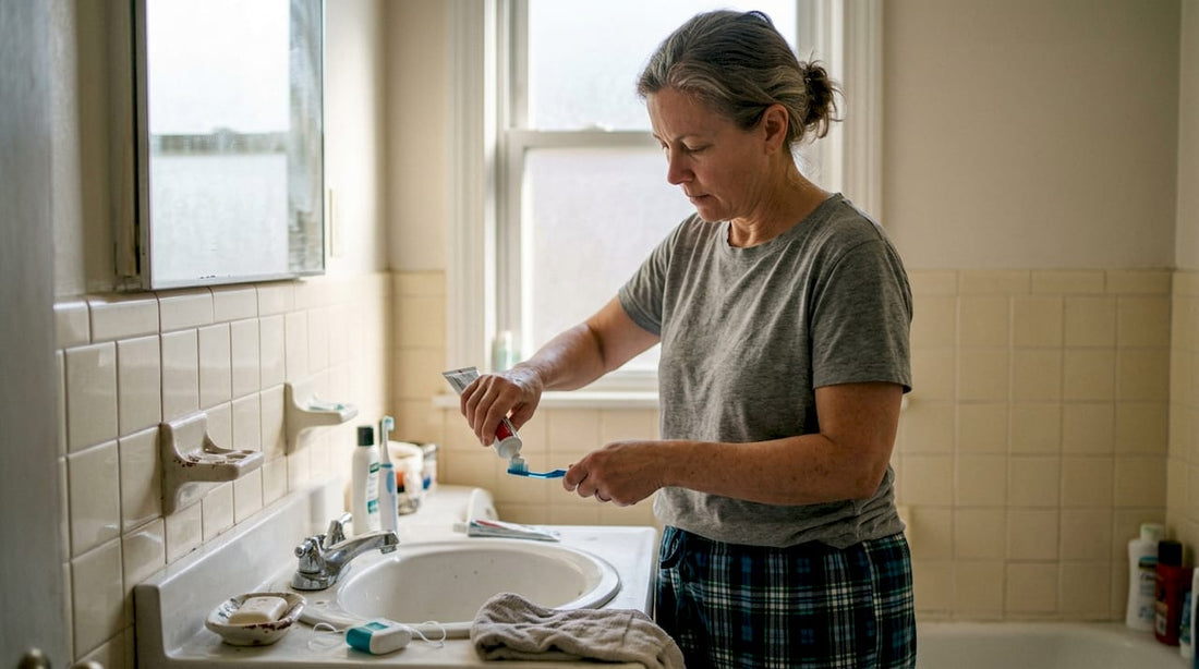 Woman applying non-foaming toothpaste in home bathroom