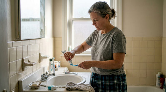 Woman applying non-foaming toothpaste in home bathroom