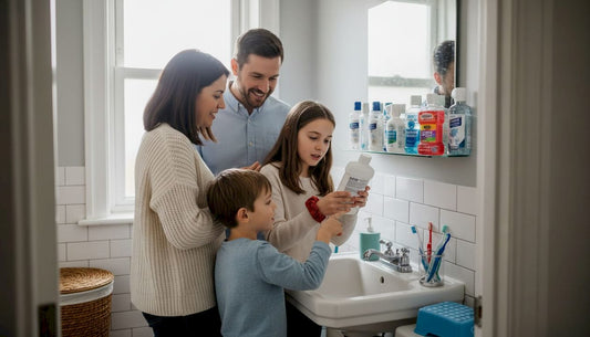 Family selecting mouthwash together in bathroom