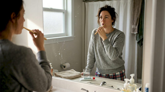 Woman gently brushing teeth in morning bathroom