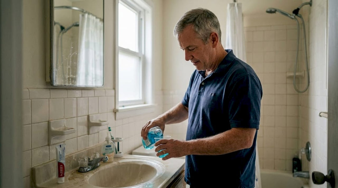 Man pours mouthwash into cup at bathroom sink