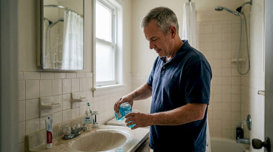 Man pours mouthwash into cup at bathroom sink