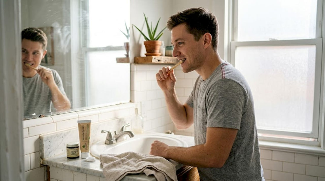 Man brushing teeth with hemp toothpaste at bathroom sink