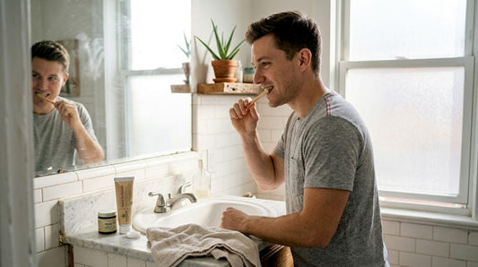 Man brushing teeth with hemp toothpaste at bathroom sink