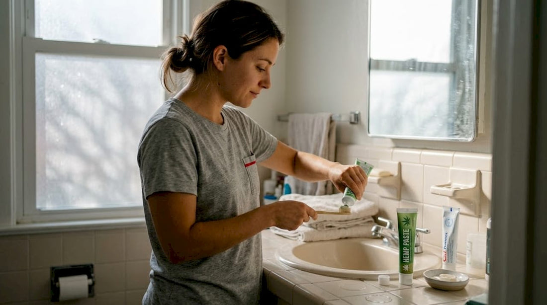 Woman adding hemp toothpaste to toothbrush