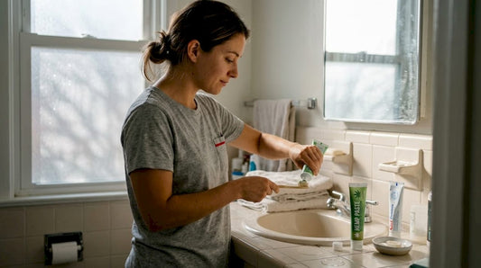 Woman adding hemp toothpaste to toothbrush