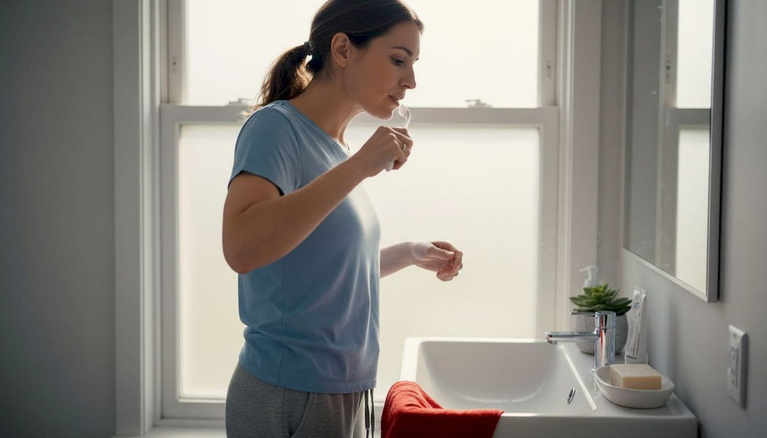 Woman brushing teeth in morning bathroom routine