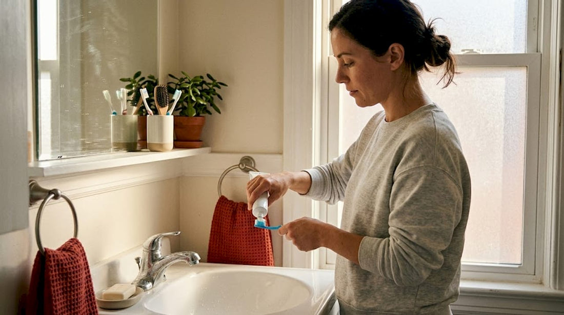 Woman applying toothpaste in sunlit bathroom