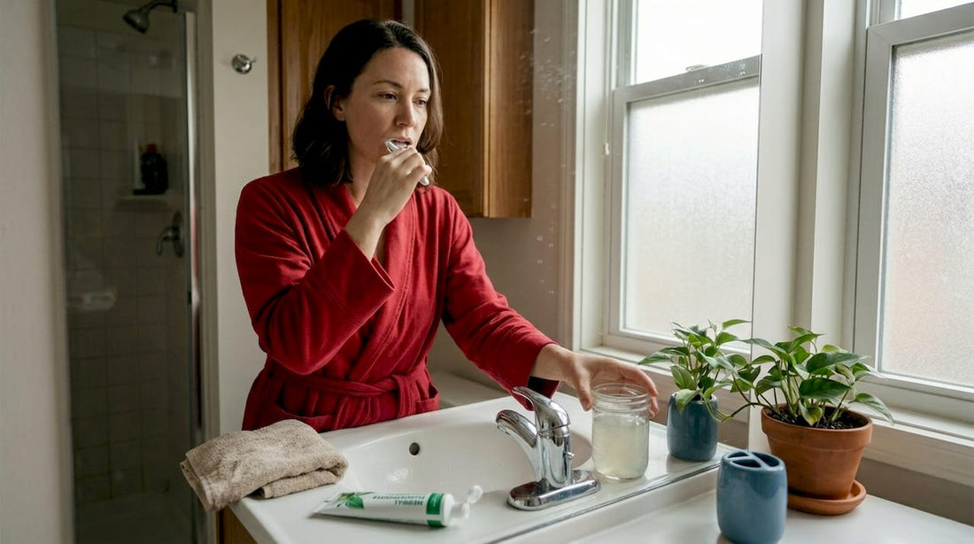 Woman brushing teeth with natural products