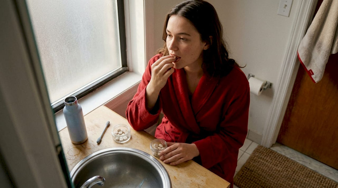 Woman using waterless oral care tablets at home