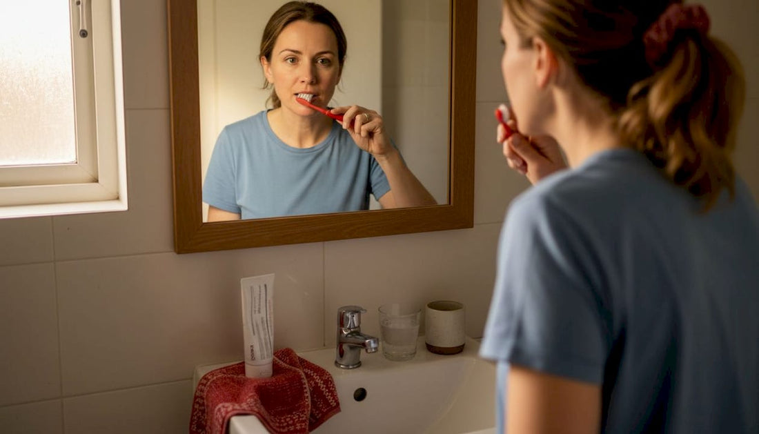 Woman gently brushing teeth in home bathroom