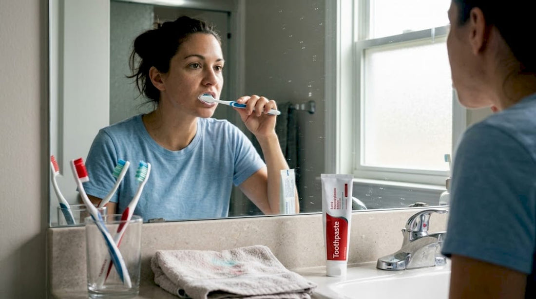 Woman brushing teeth in home bathroom