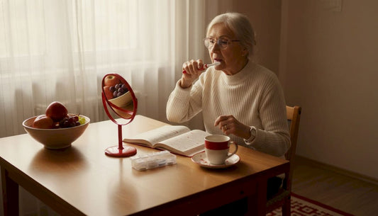 Senior woman using adaptive toothbrush in kitchen