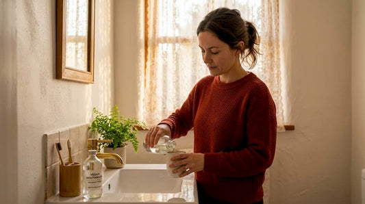 Woman pouring vegan mouthwash in home bathroom
